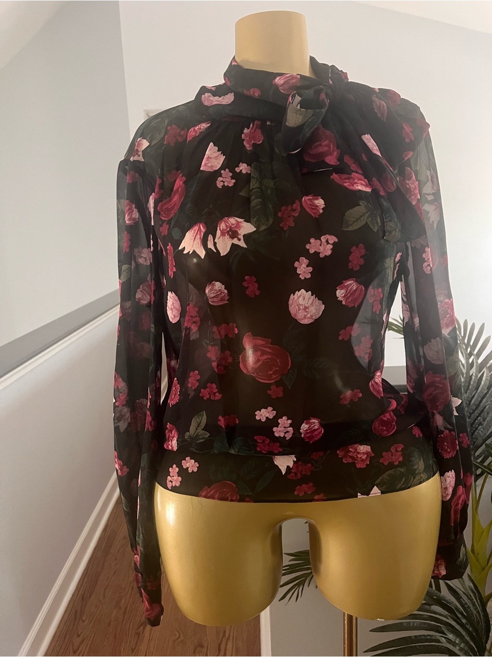 Saks Fifth Avenue Black Sheer Floral Tie-Neck Blouse with Pink Print